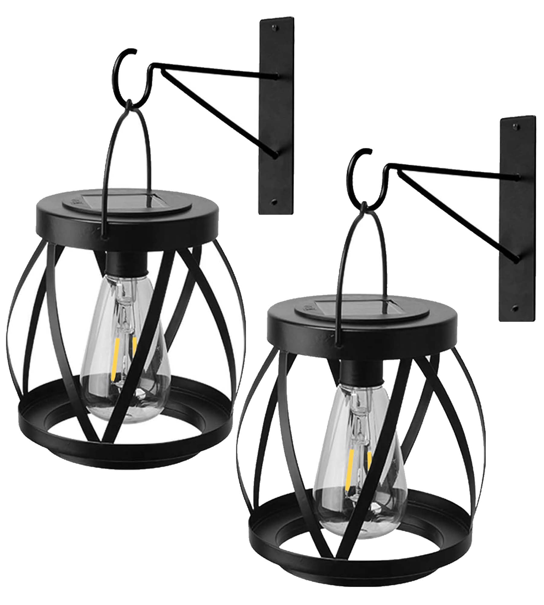 Solar Hanging Lantern Outdoor Waterproof, 2 Pack Cordless Solar Wall Lights with Hooks, No Wiring Wall Sconce for Patio, Porch, 