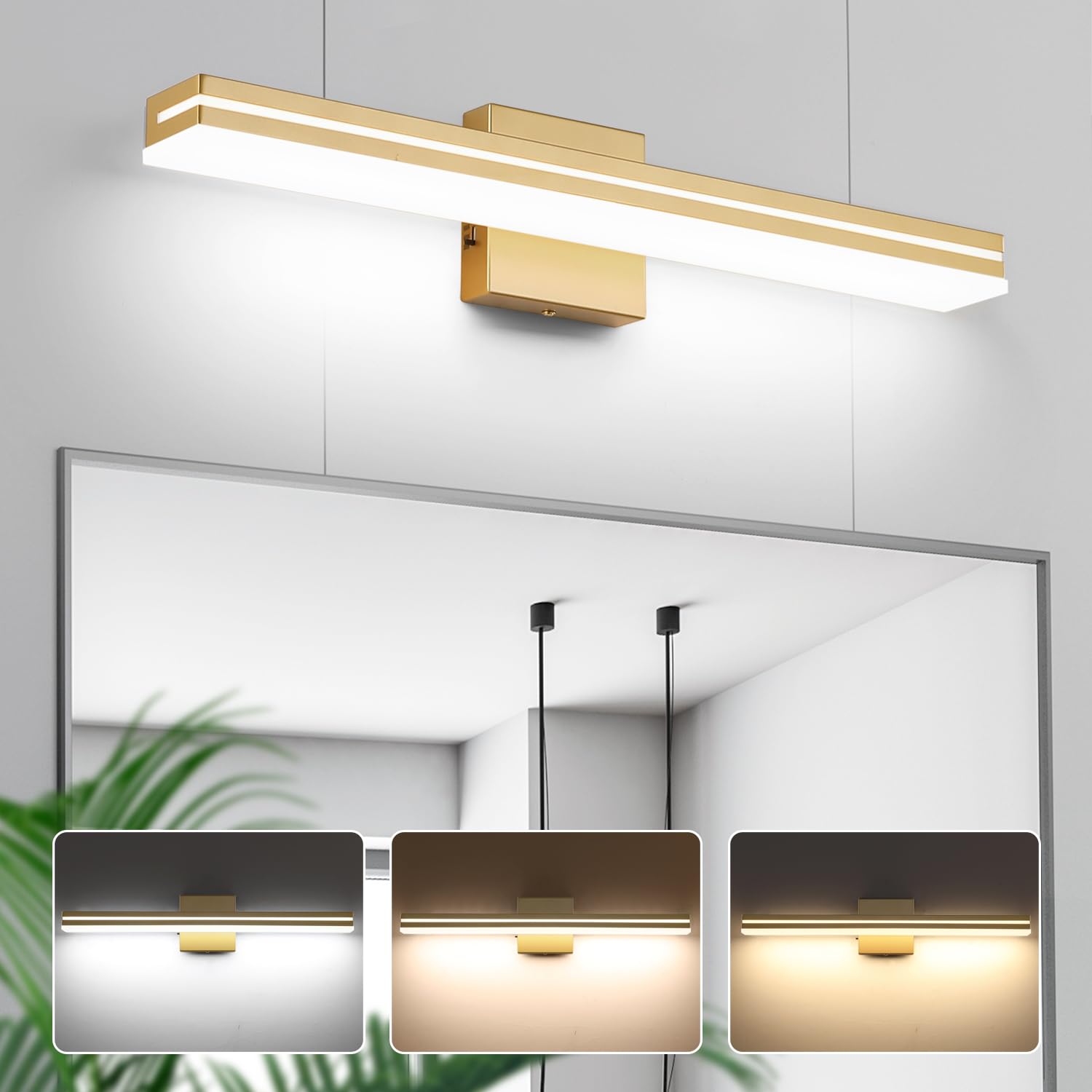 Sinerise Led Modern Bathroom Vanity Light Fixtures (24-Inch, 3000K/4000K/6000K, Dimmable), Gold Modern Acrylic Bathroom Wall Lig