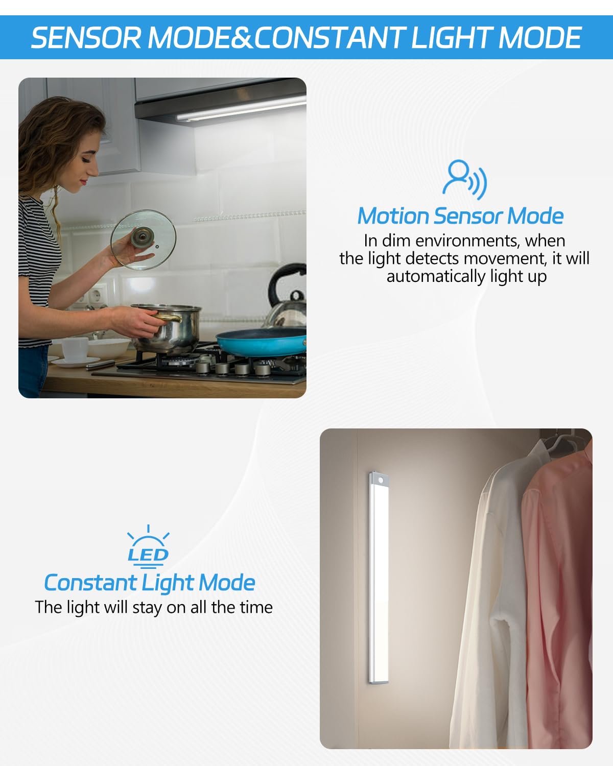 Hiboitec Led Motion Sensor Cabinet Light, 54 Leds, Rechargeable, Wireless, 2 Packs, White