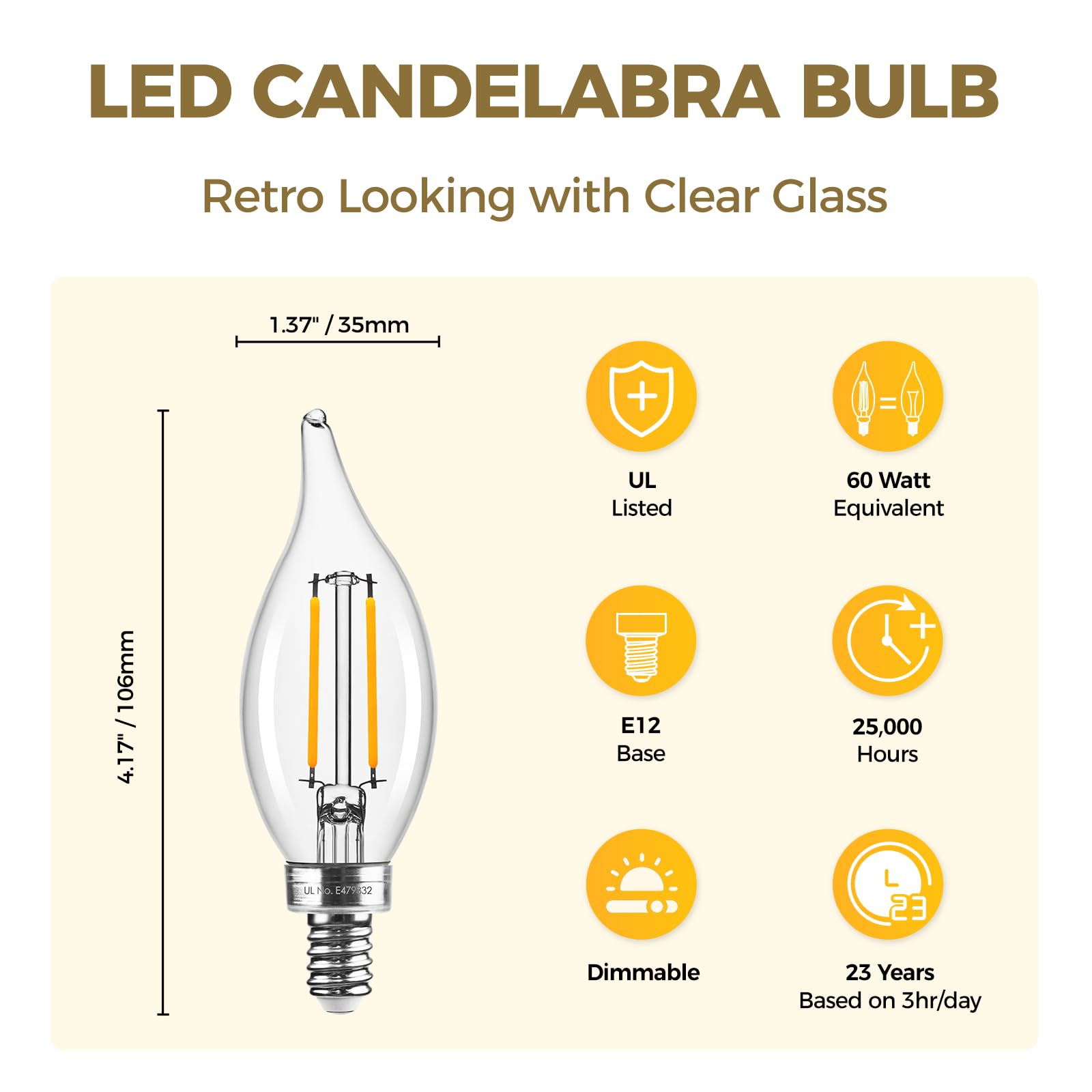 Hizashi E12 Candelabra Bulb 60 Watt Equivalent, 2700K Soft Warm White, Dimmable Chandelier Light Bulbs, 90+ Cri 6W 550Lm, Ca11 F