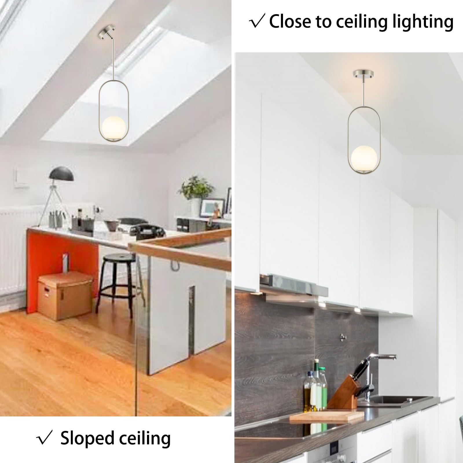 Byoliima Modern Globe Pendant Light Brushed Nickel Chandelier 1-Light Mid Century Ceiling Hanging Lighting Fixture White Globe Glass Shades For Kitchen Island Dining Room Bedroom