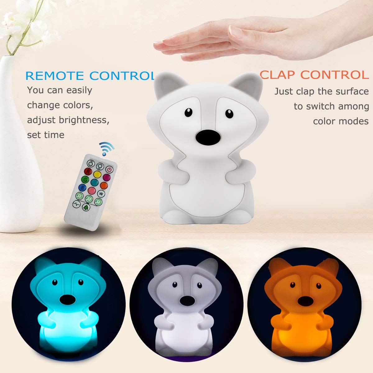 Glinrui Large Fox Night Lights for Kids, Silicone Night-Light, Bedside lamp, 9 Colors Baby Sleep Light Childrens Bed Bedroom La