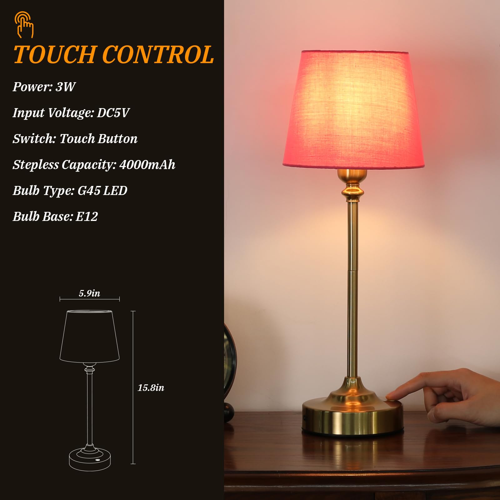 Kakanuo Cordless Table Lamps Set - 2 Pack, 15.8in, Touch Control, 3000K Dimming, Rose-Gold, Battery Operated for Bedroom & Living