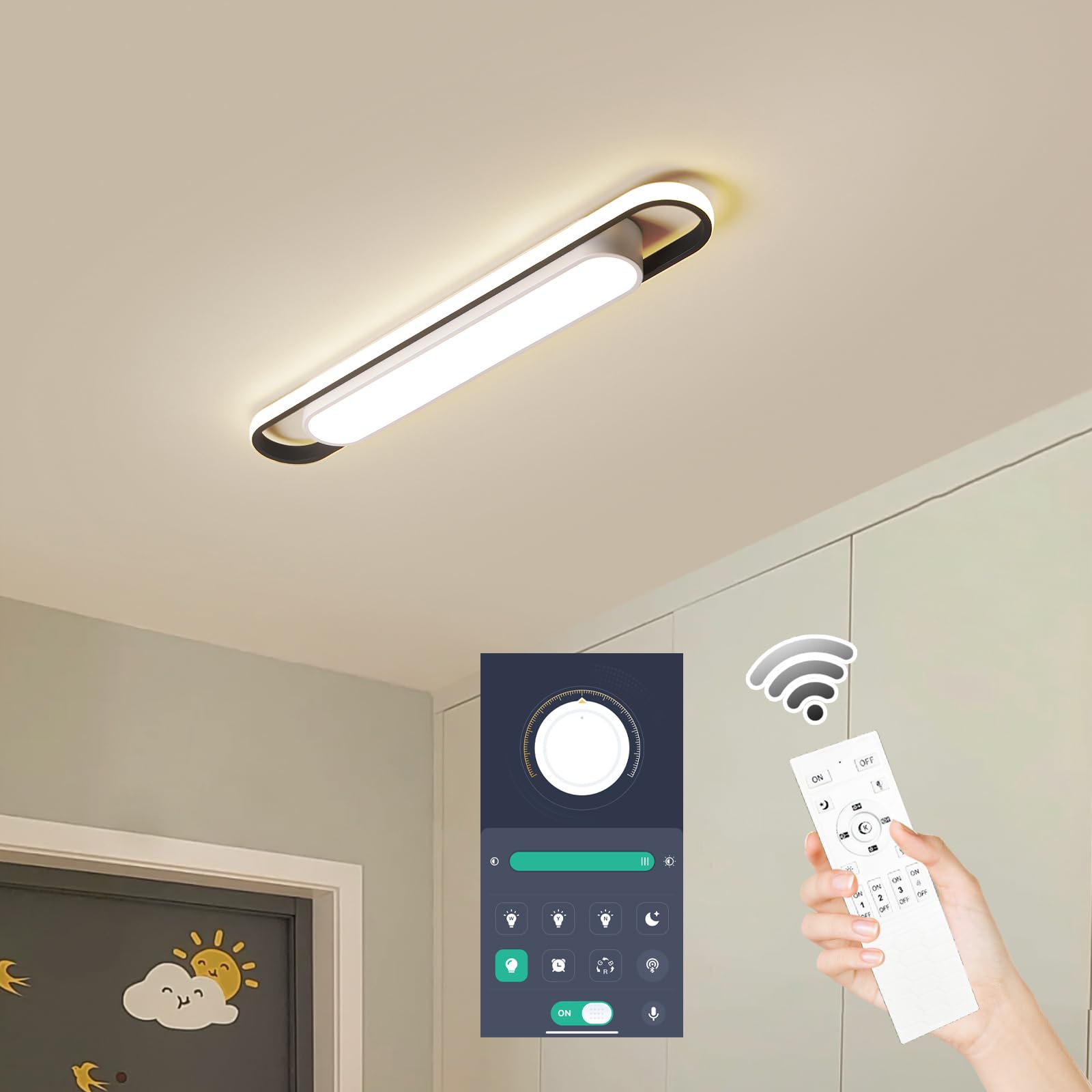 4Ft Modern Smart Led Linear Ceiling Lights Dimmable Led Ceiling Lamp With Remote Control,65W Metal/Acrylic Flush Mount Ceiling L