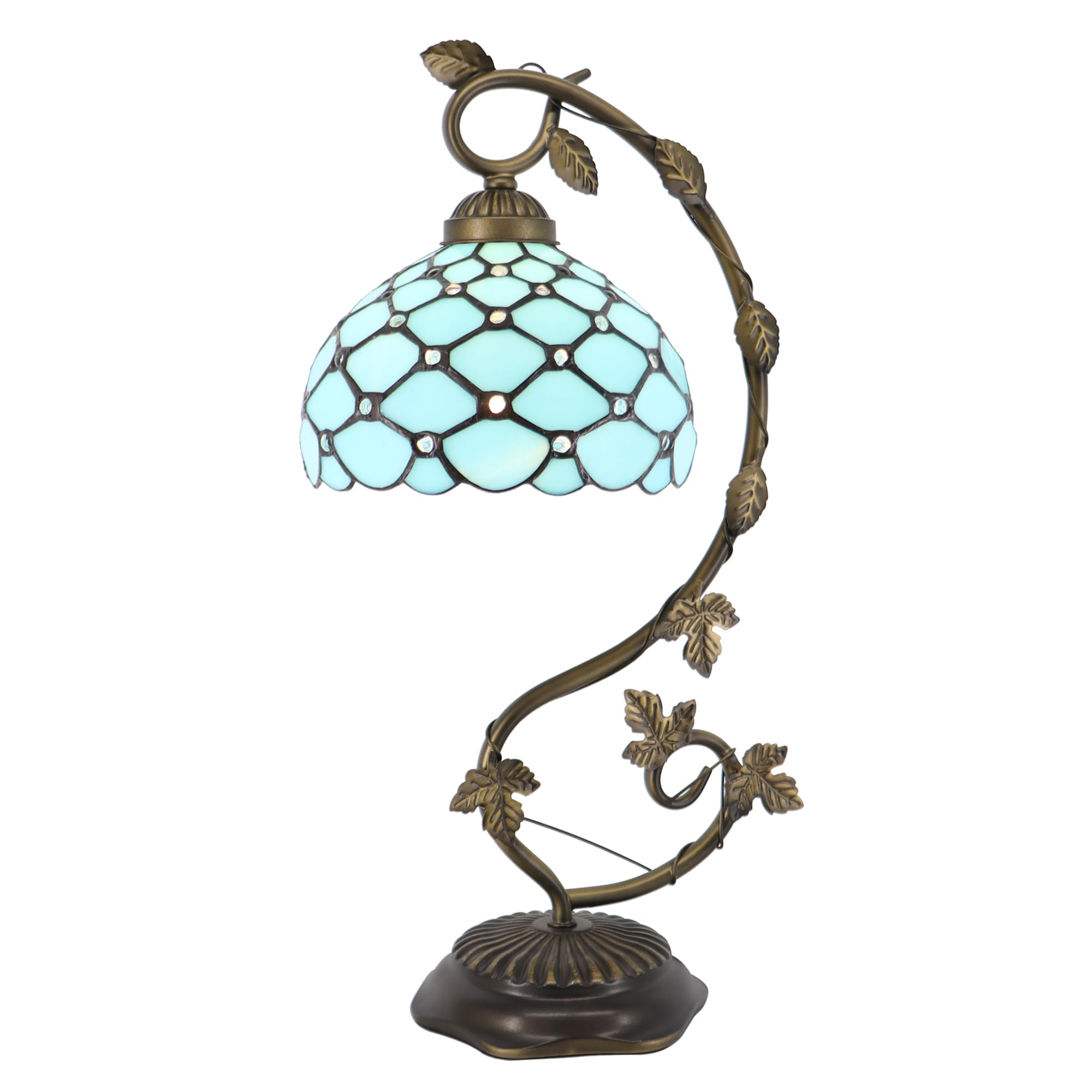 HWDFEI Tiffany Table Lamp, Stained Glass Desk Reading Light,Metal Leaf Table Lamp Base 8X10X21 Inches (Sea Blue Beads)