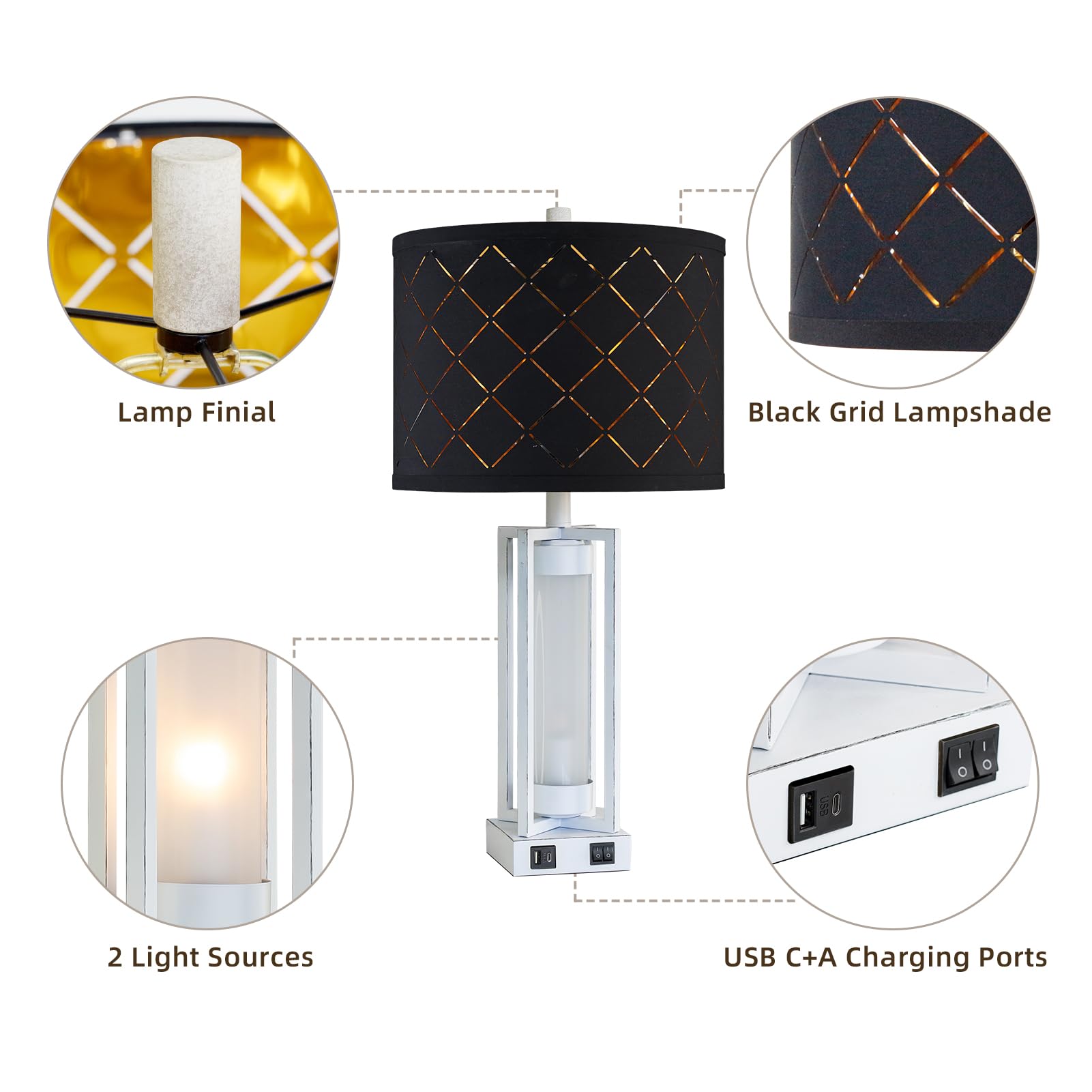 Roriano 25'' Set Of 2 Farmhouse Table Lamps With Usb C+A Ports, Rustic Retro Nightstand Lamps With White Night Light, Black Grid