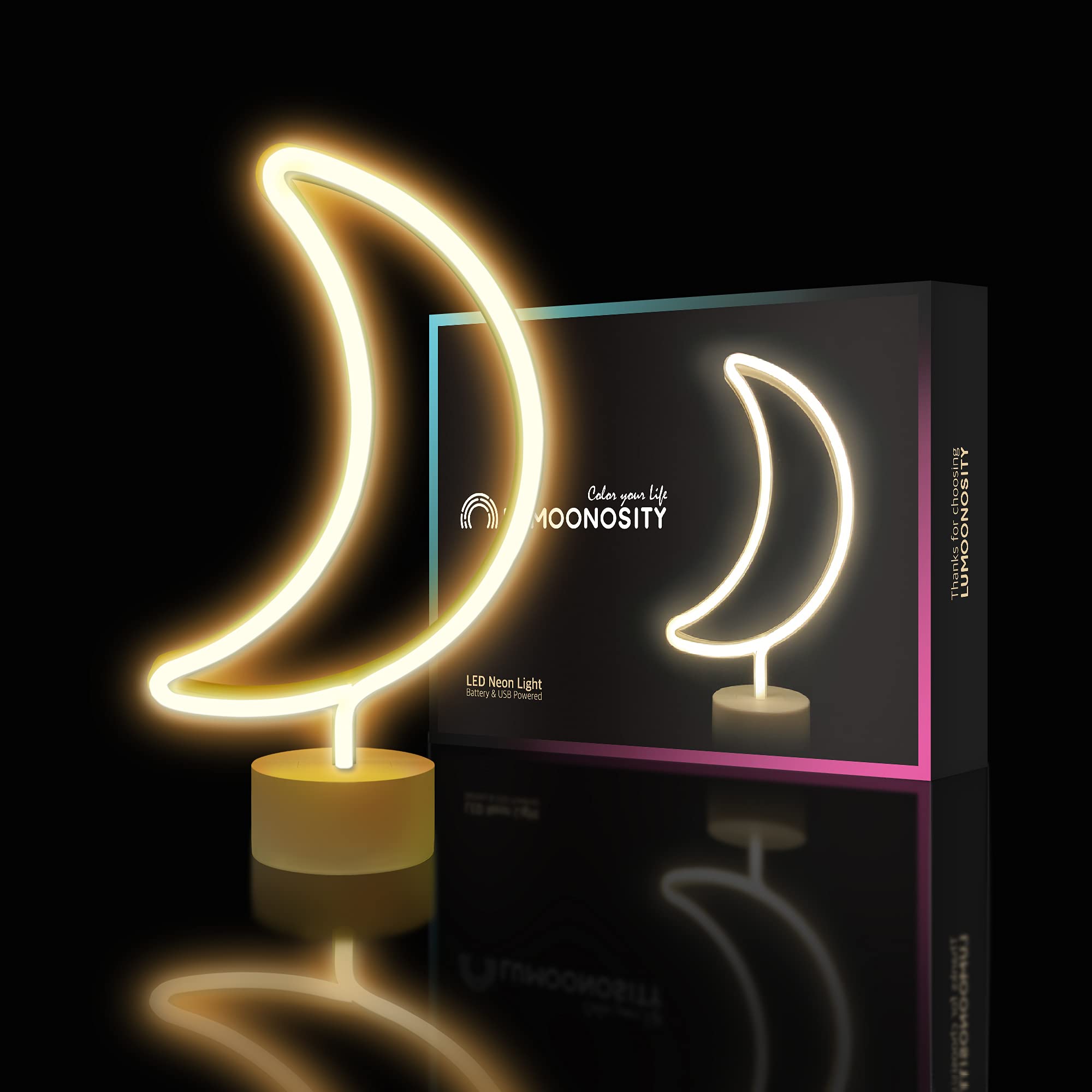 Lumoonosity Moon Neon Sign - Battery/Usb Powered Half-Moon Neon Light For Bedroom, Desk, Table Decorations - Warm White Cute Led