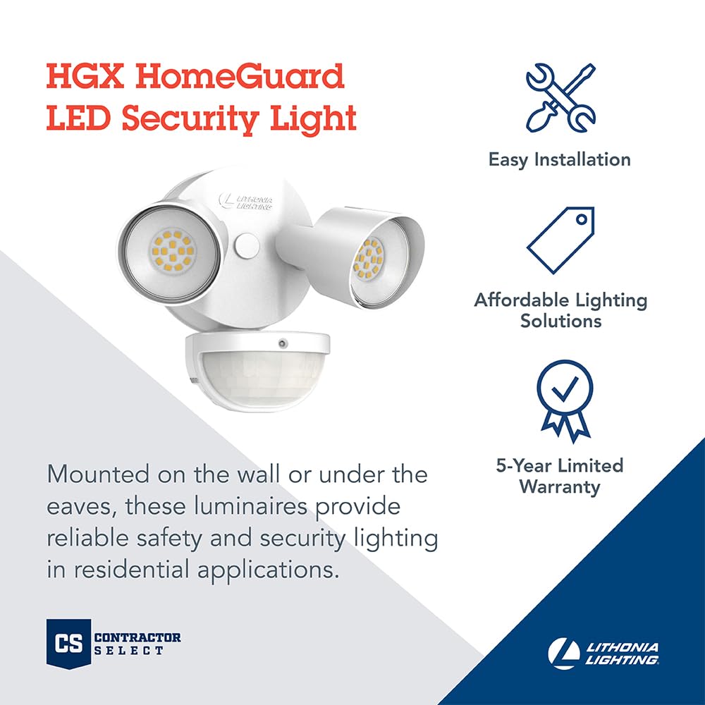 Lithonia Lighting 2-Light LED Outdoor Flood Lights, Motion Sensor, Dusk to Dawn, 4000K Cool White, Aluminum, Dark White, Model HGX LED 2RH 40K