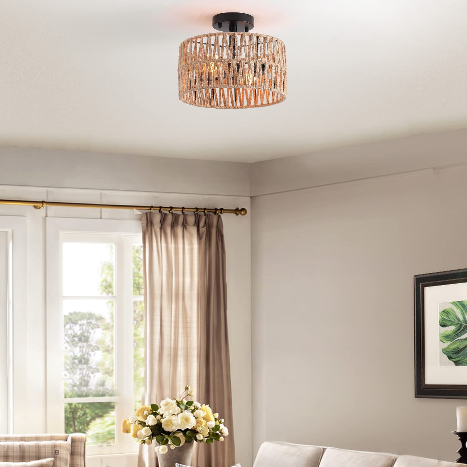 Hchunqjor 2-Light Coastal Woven Flush Mount Light Fixture Rustic Industrial Hemp Rope Semi Flush Mount Ceiling Light For Hallway