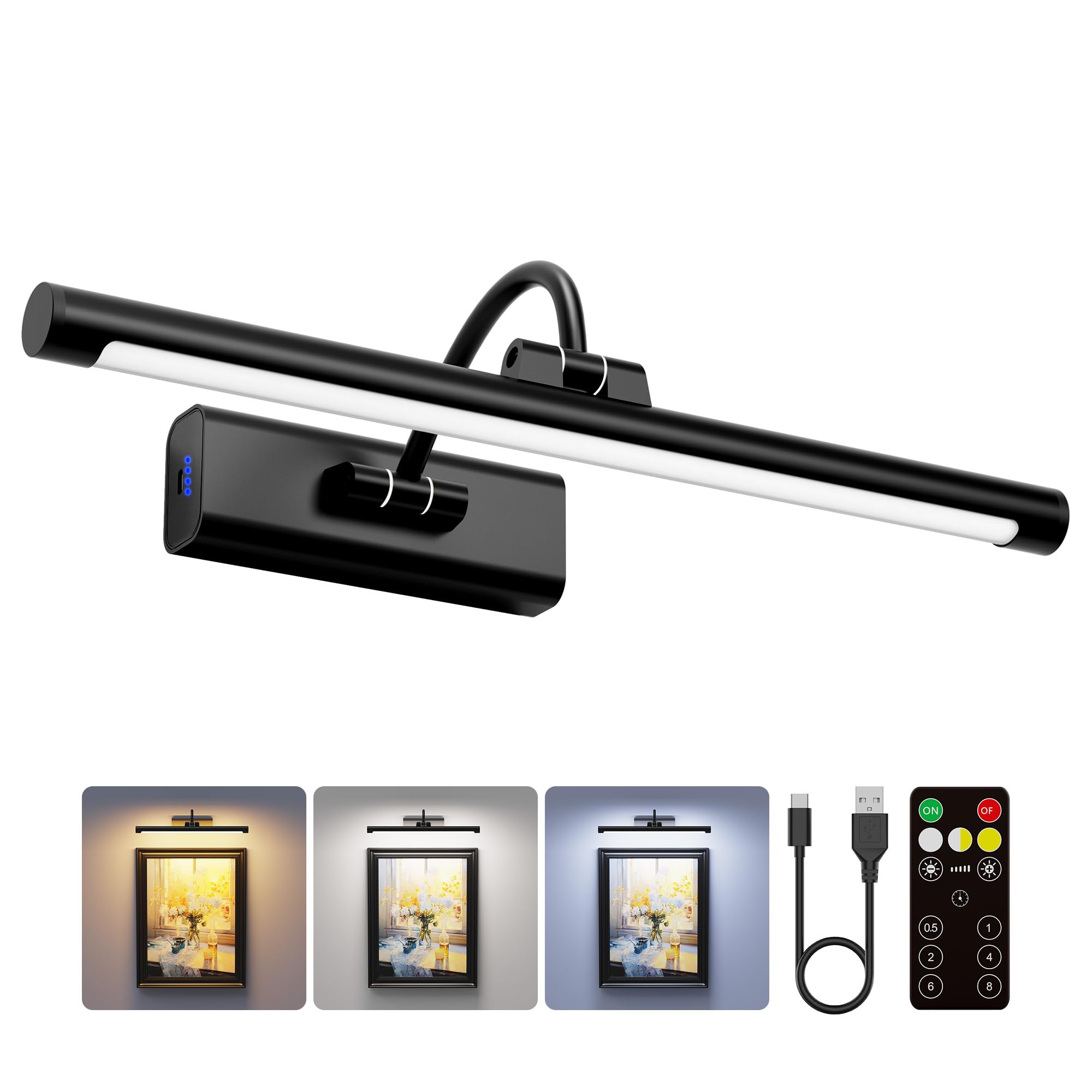 Craftersmark 16 Picture Light with 6000mAh Battery - Black Operated Wireless Wall Sconce with Remote & Timer for Discomforttings  Photos & Frames