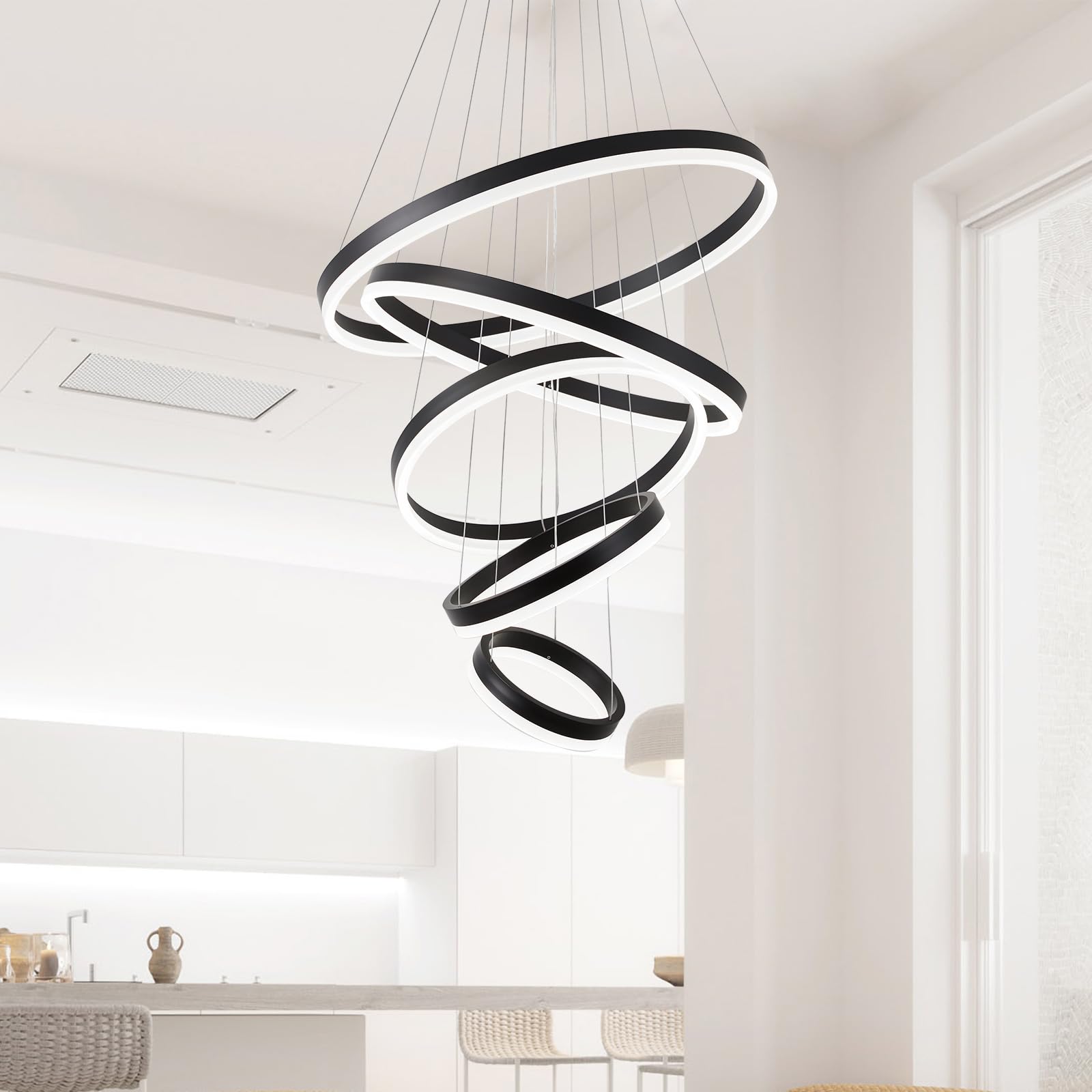 Led Chandelier,Modern Led Chandelier, 5 Rings Black Chandelier For Dining Room,Dimmable With Remote,Acrylic Adjustable Circle Chandelier Lighting Fixture Ceiling Hanging Modern Led Pendant Light