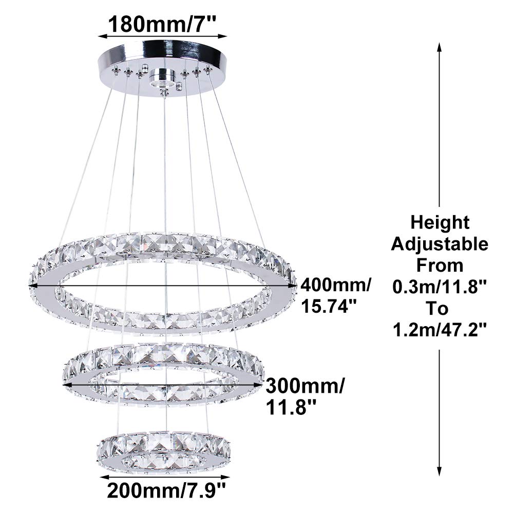 diisunbihuo LED Chandelier Modern Crystal 3 Rings Pendant Light, Adjustable Stainless Steel, Warm White, Size 20/30/40, Ideal for Home Decor
