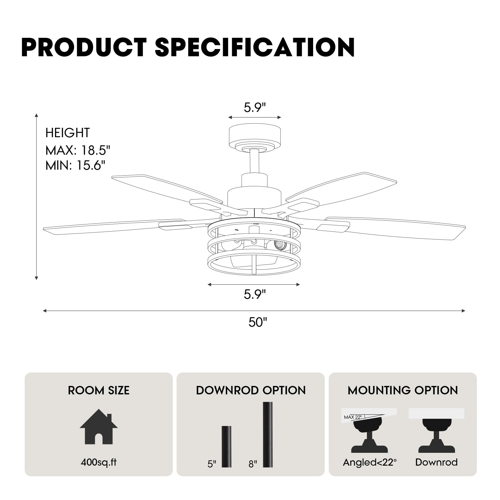 Nuoqiso 52 Inch Black Caged Ceiling Fan with LED Lights & Remote Control, Farmhouse Style for Indoor/Outdoor Use, Model LL-8837D-52-01