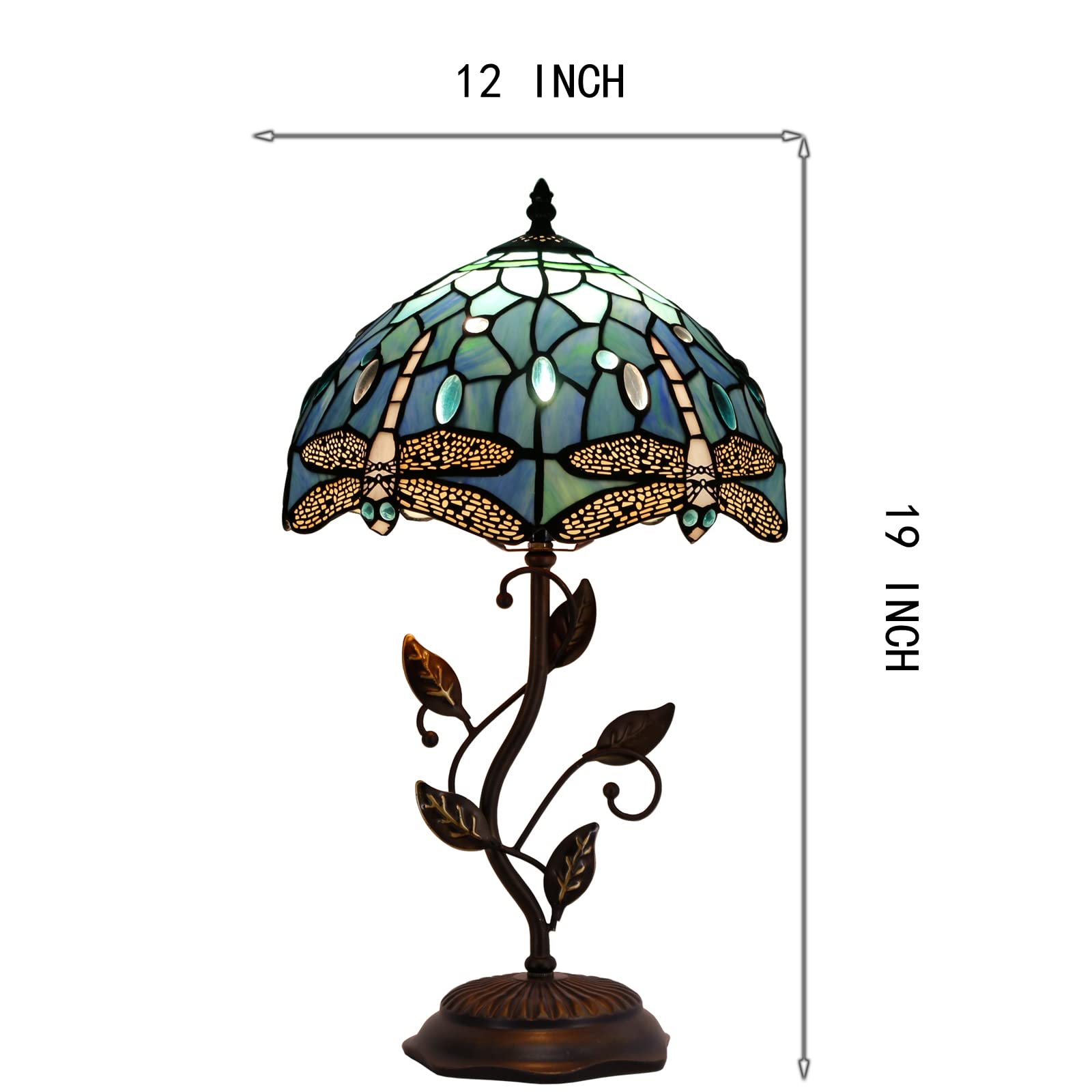 Avivadirect Tiffany Lamp Blue Dragonfly Style Stained Glass Table Lamp Desk Bedside Reading Light 12X12X19 Inches With Metal Lea