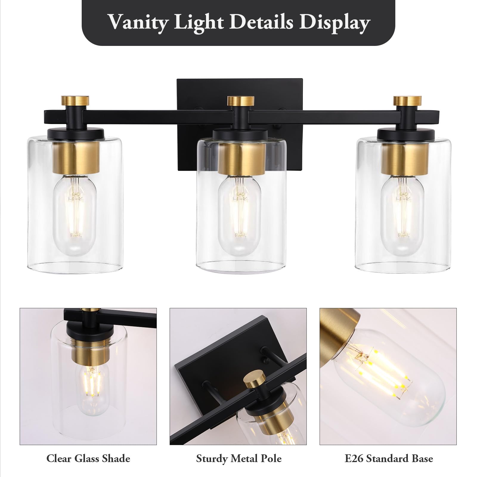 Jdvads 3 Light Bathroom Vanity Light Fixtures, Black and Gold, Metal, Clear Glass Shade, Model VL001-3-BG