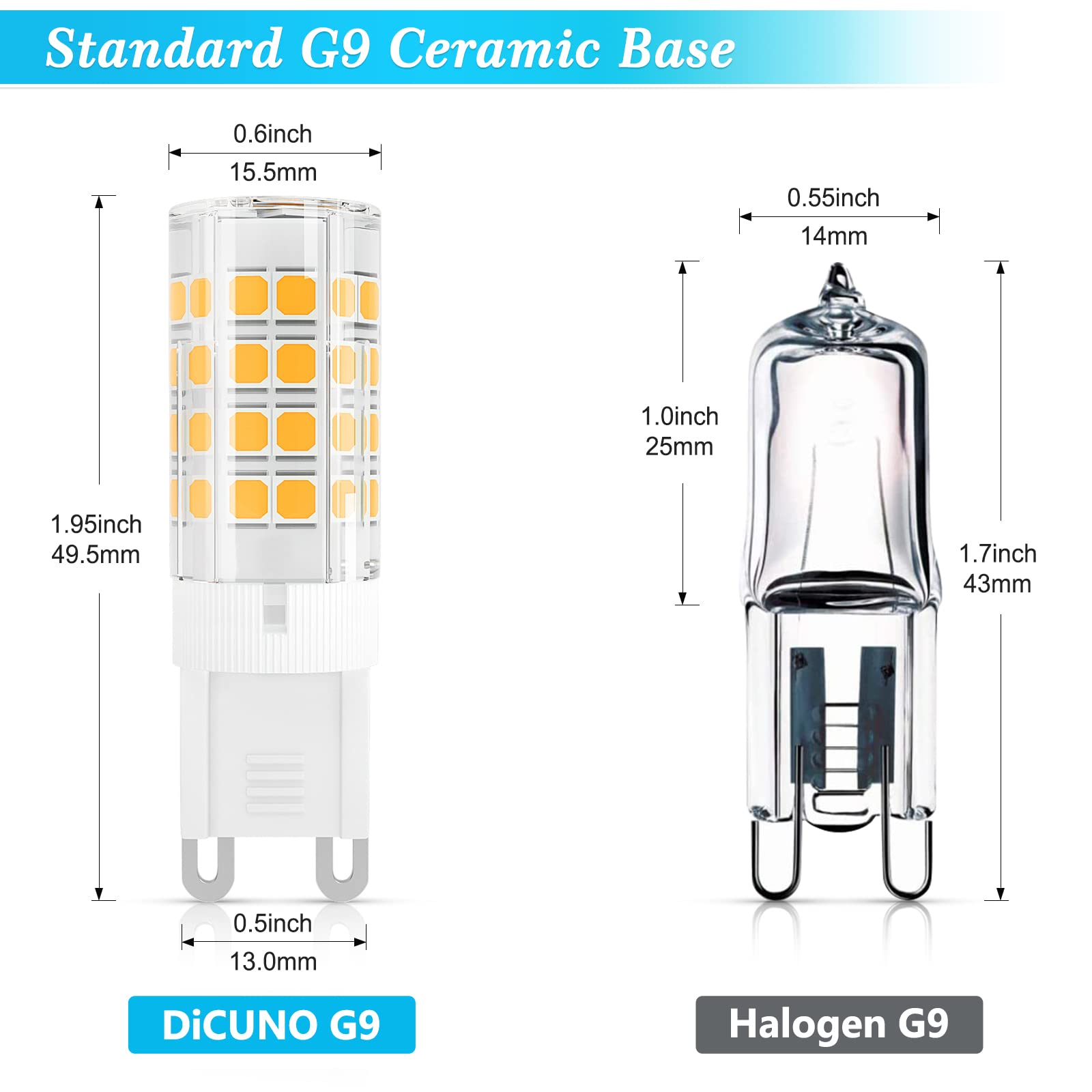 DiCUNO G9 LED Light Bulb 4W, 40W Halogen Replacement, Warm White 3000K, 450 Lumen, G9 Bi-Pin Ceramic Base Bulb, 120V, Non-dimmab