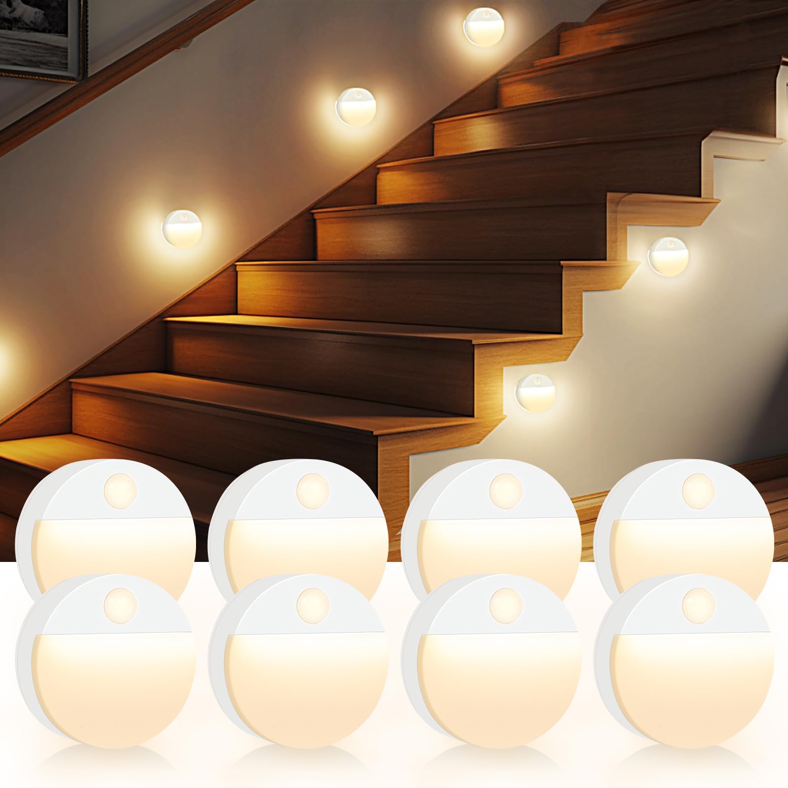 Guankai 8 Pack Motion Sensor Stair Light for Indoor, Battery Operated Night Lights, Led Stick On Puck Lighting Closet Lamp, Moti