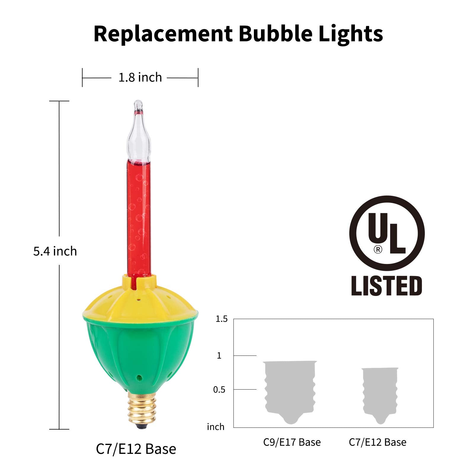 Moonflor C7 Bubble Lights - 4 Pack Replacement Bulbs, Multicolor Red Orange Blue, E12 Base for Christmas Tree Decorations