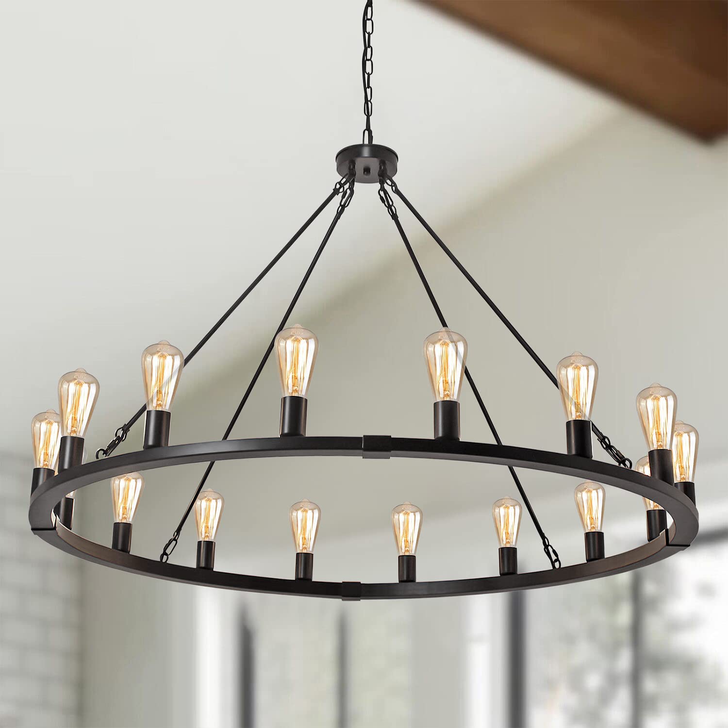 Rviezza 16-Light 48" Large Wagon Wheel Chandelier,Farmhouse Chandelier, Rustic Vintage Black Round Pendant Light Fixtures For Kitchen Island Dining Living Room Foyer Entryway