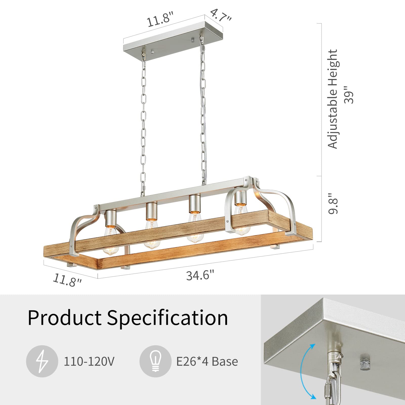 WUZUPS 4-Light Metal Pot Hanging Rack Chandelier, Imitation Light Wood Grain, H 9.8" L 34.6", Nickel, Model USHD90000LWN
