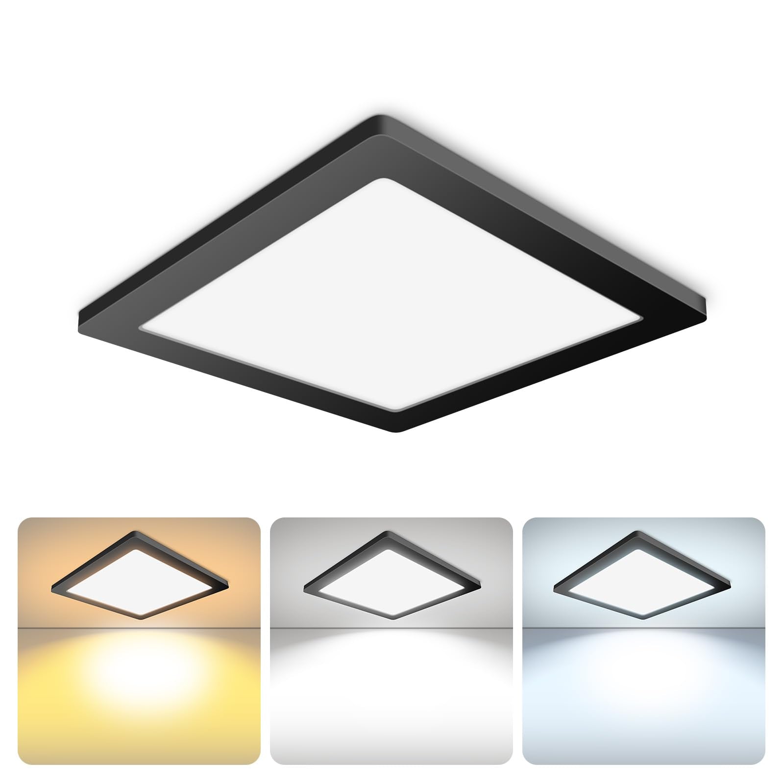 Mw 12 Inch Square Black Ceiling Light, 24W 120V, 3000K/4000K/5000K Adjustable, Dimmable Slim Led Ceiling Light, Close To Ceiling