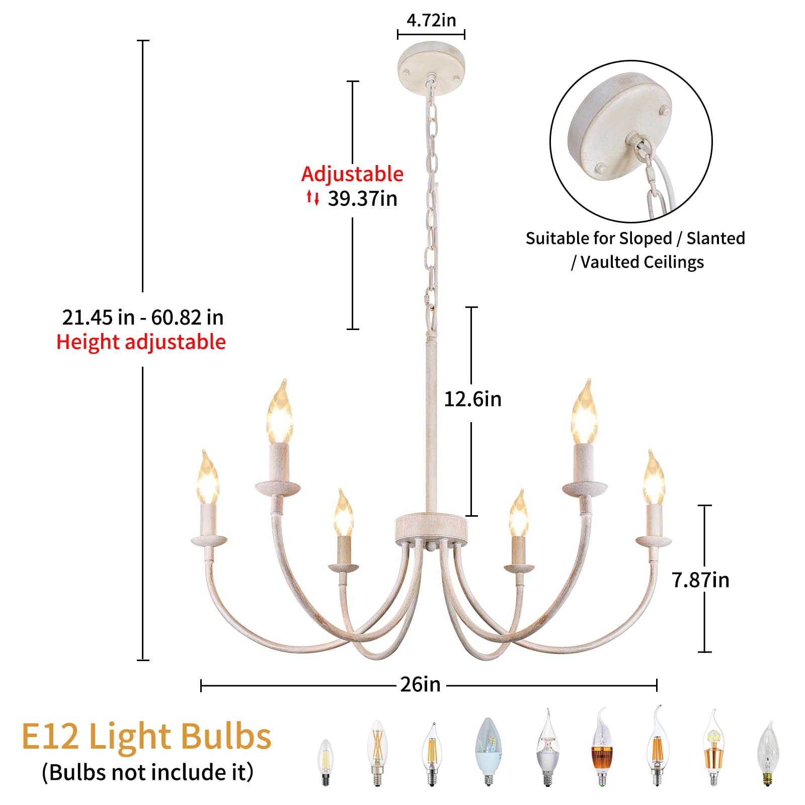 Rviezza 6-Light French Country Chandelier, Antique White Metal Pendant Light for Dining Room, Kitchen, Living Room, Foyer - RVBKI-2