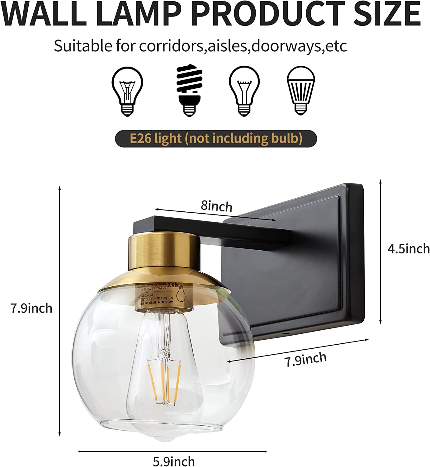 Pazala 2 Pack Black And Gold Wall Lights For Bedroom Modern Wall Sconces Set Of Two Lighting Fixtures Wired, Globe Glass Lamp, W