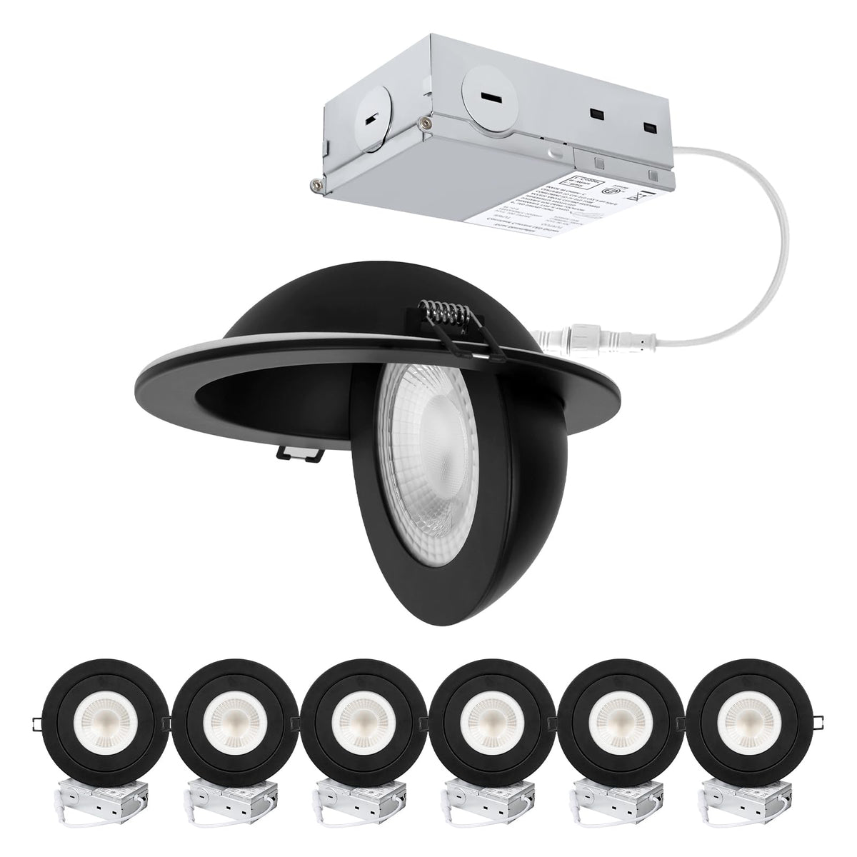 POPANU LED Gimbal Recessed Light - 6'' 12W Eyeball 1300lm Spotlights Black Trim 90 Tilt Swivel Soffit 5CCT Adjustable Indoor Dim