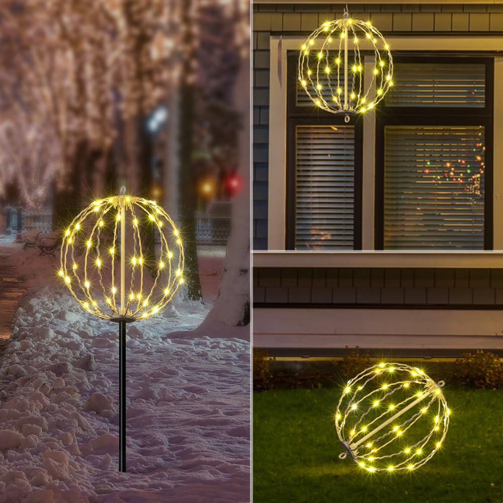 LIGHTSHARE 10IN 48LED Light Ball Yard Decoration Pathway Lights Sphere Light with Fold Flat Metal Frame Indoor Outdoor Waterproo