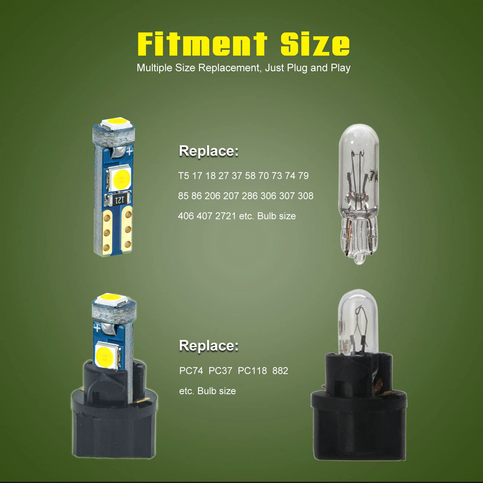 DODOFUN 12V LED Bulb Replacement for Instrument Cluster, White, Polycarbonate, Compatible with T5, T10, PC74, PC194, and More