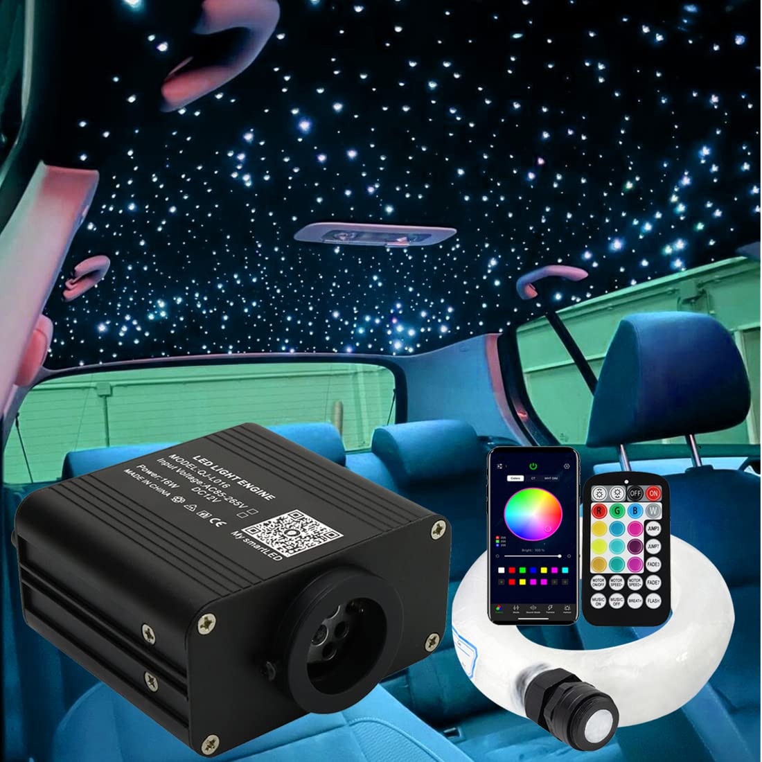 Azimom 16W Fiber Optic Starlight Headliner Kit - 300Pcs Remote Control Car & Home Decoration