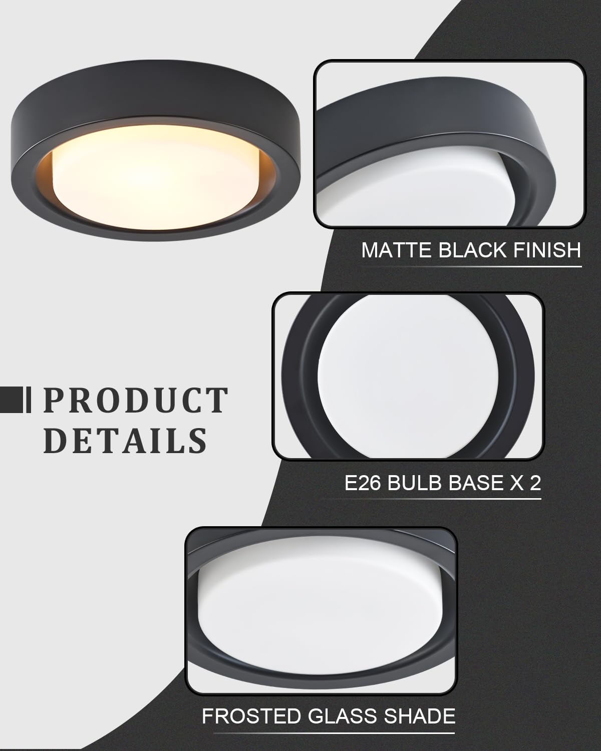 Miaomeio 13 Inch Flush Mount Ceiling Light,Black Finish Plate With Frosted Glass Shade,Round Ceiling Lighting Fixture For Hallway Bedroom Closet Livingroom Kitchen Stairwell (Black)