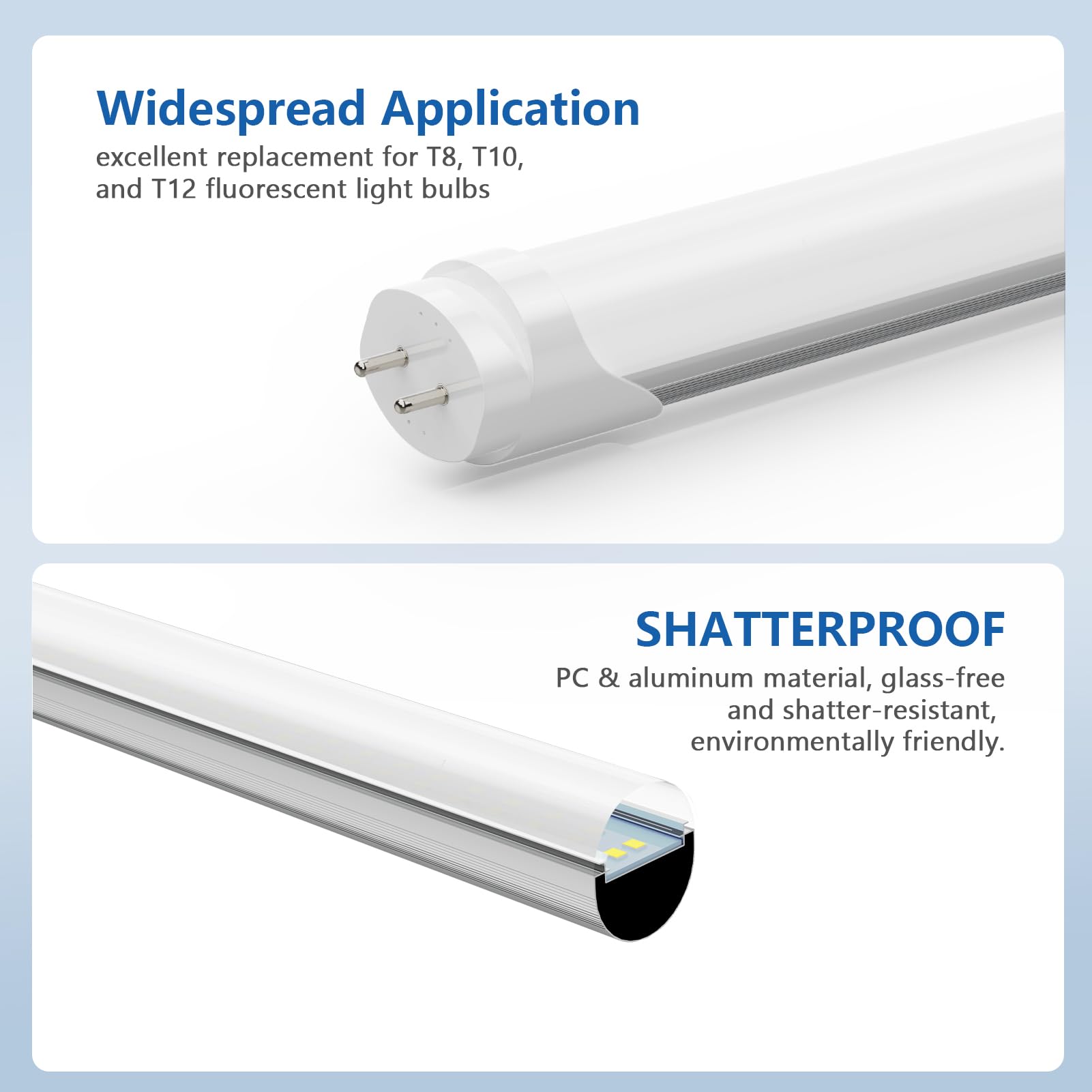 Reisener Led Tube Lights 4Ft, T10 T12 65W Equivalent Fluorescent Replacement, 24W 3120 Lumen, 6500K Cool White, Type A+B 4 Foot