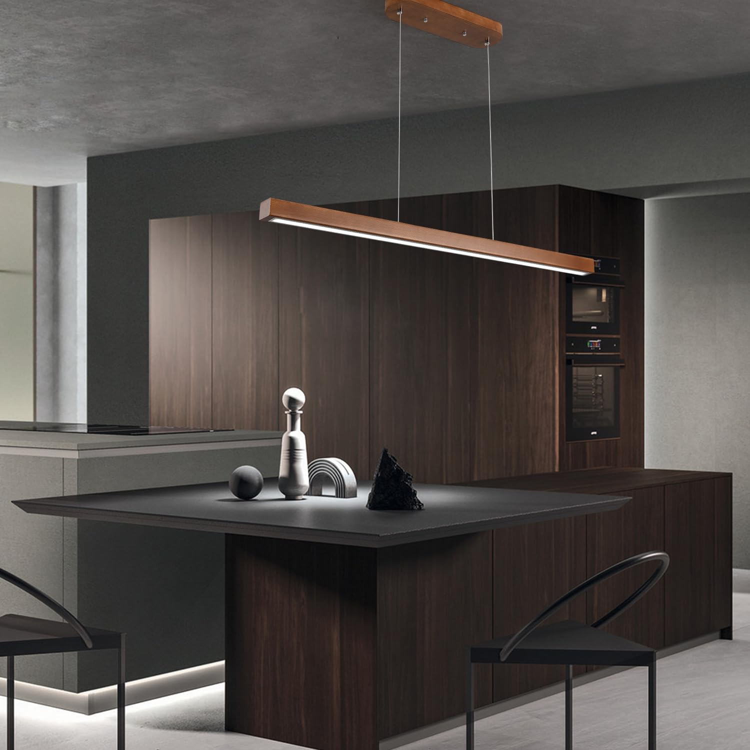 YISDESIGN 39in Wood Linear Pendant Light LED Dimmable Fixture Walnut Color Model 016 for Dining Room Kitchen Island