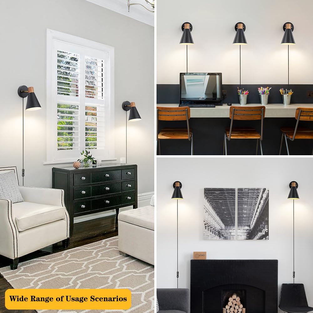 Black Plug In Wall Sconces Set Of 2, Modern Wall Light With Plug In Cord, Wooden Plug In Wall Lamps With Hammered Metal Shade, Corded Wall Sconce Light Plug In For Bedroom, Living Room, Hallway