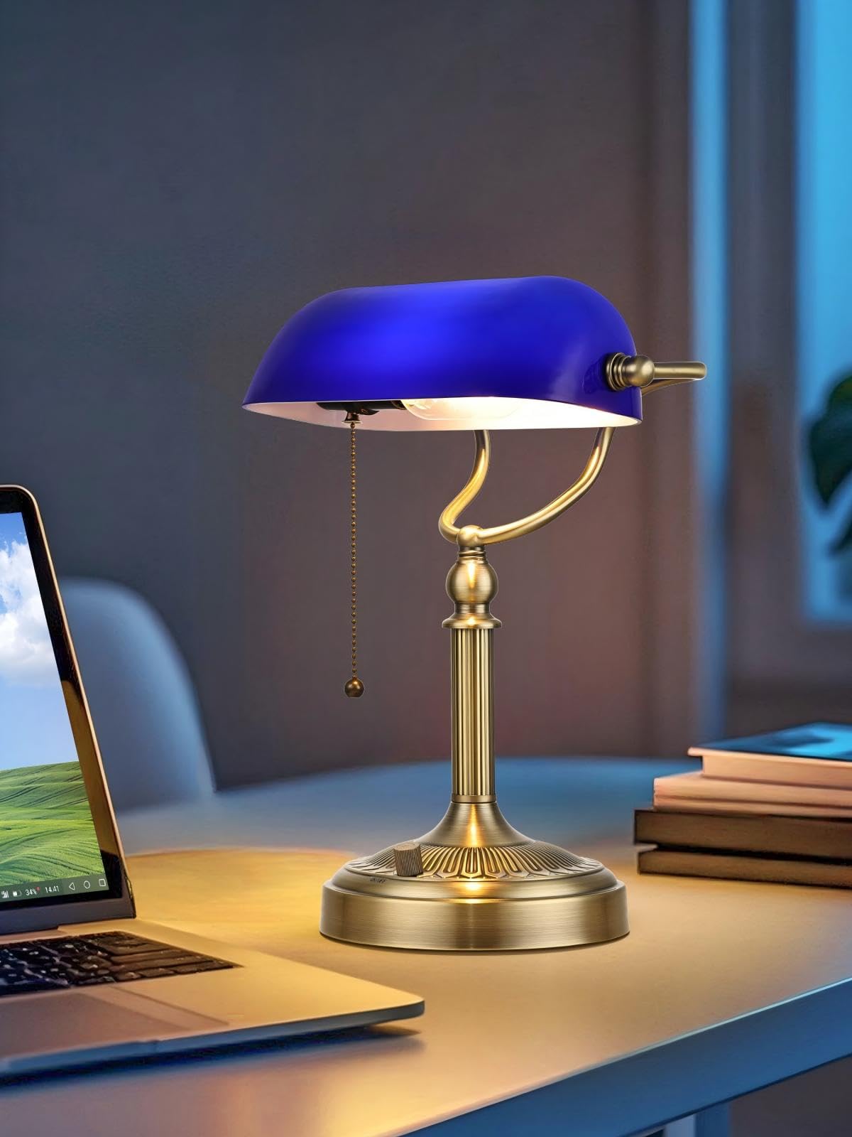 Newrays Blue Glass Desk Lamp, Stepless Dimmable, LED Bulb Included, Model T9008