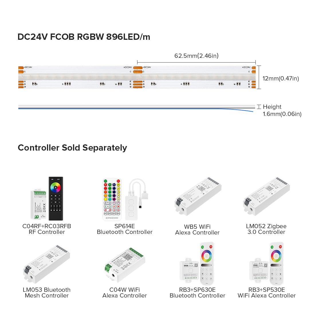BTF-LIGHTING FCOB COB LED Strip 16.4FT DC24V RGB+Cool White 896LED/m Flexible Lighting for Indoor Decoration