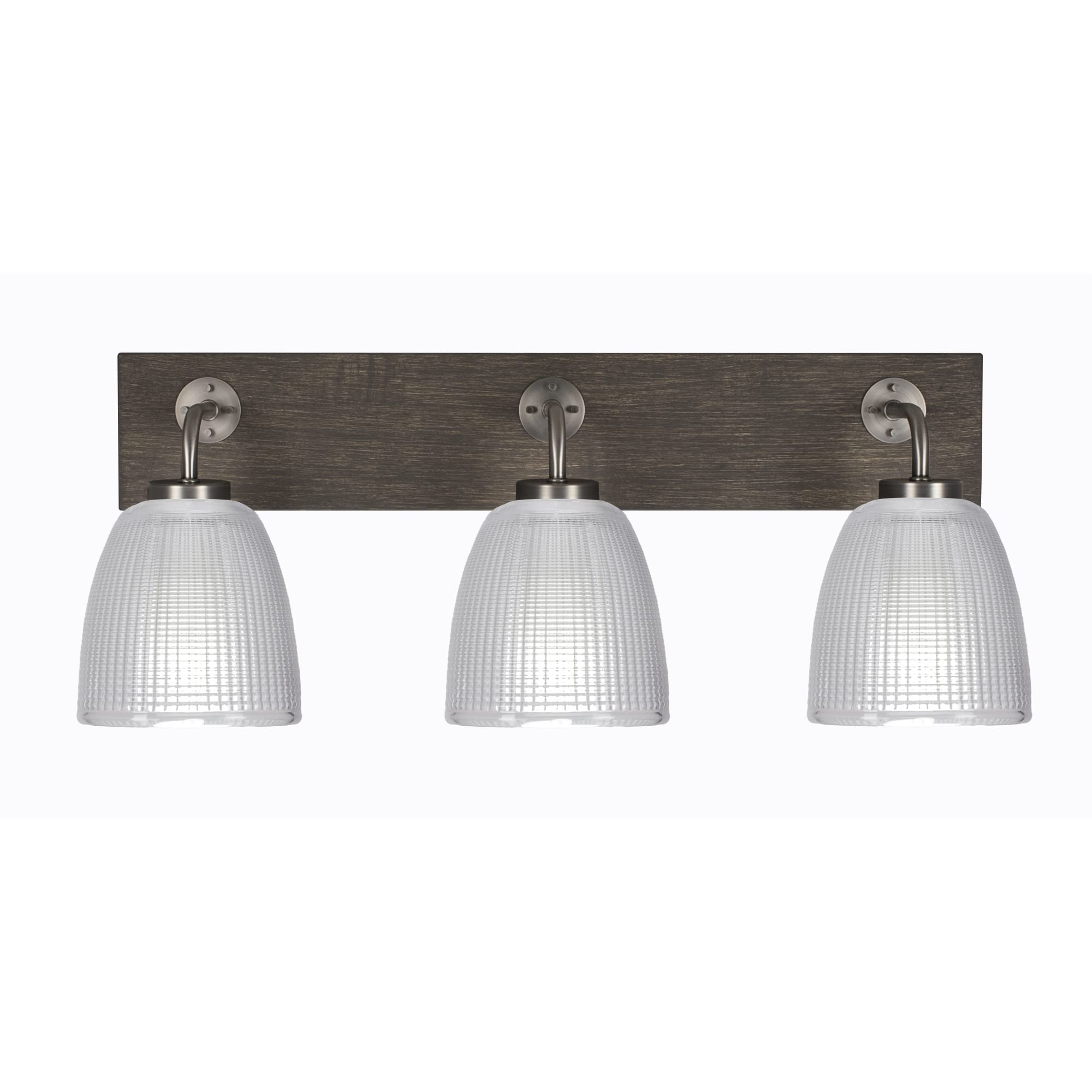 Oxbridge 3 Light Bath Bar In Graphite & Painted Distressed Wood-Look Metal Finish With 5" Clear Ribbed Glass