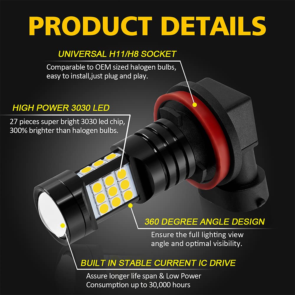 AUXLIGHT H11 LED Fog Light Bulbs, 2400 Lumens, Aluminum, H11/H8/H16(JP), Golden Yellow