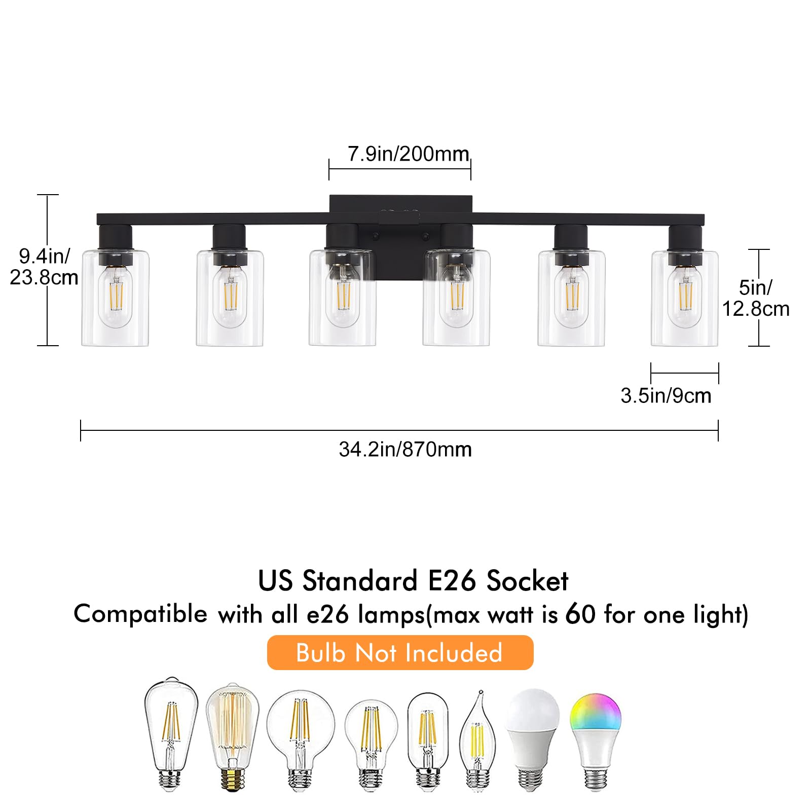 Black Bathroom Light Fixtures, Large 6-Light Bathroom Vanity Light, Vanity Lights For Bathroom With Clear Glass Shade, 34In Farm