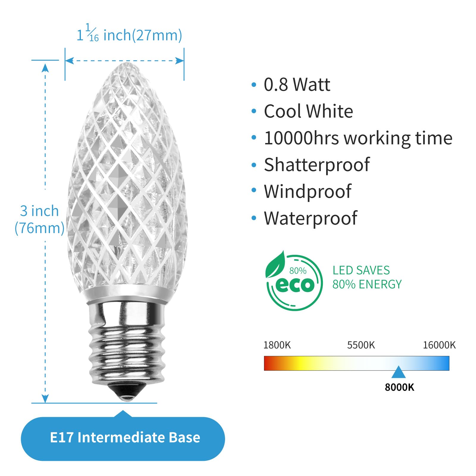 Meconard C9 Led Replacement Christmas Light Bulbs, C9 Shatterproof Led Bulbs For Christmas Indoor Outdoor String Lights, E17 Intermediate Base, Commercial Grade Holiday Bulbs, Cool White, 25Pack