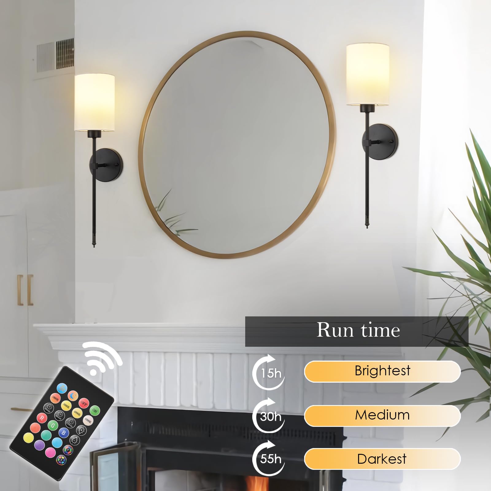 KARTOOSH Battery Operated Wall Sconce Set of Two, Dimmable, 1800K-6000K, 26.8 Inch, Black, Wireless with Remote Control, Model