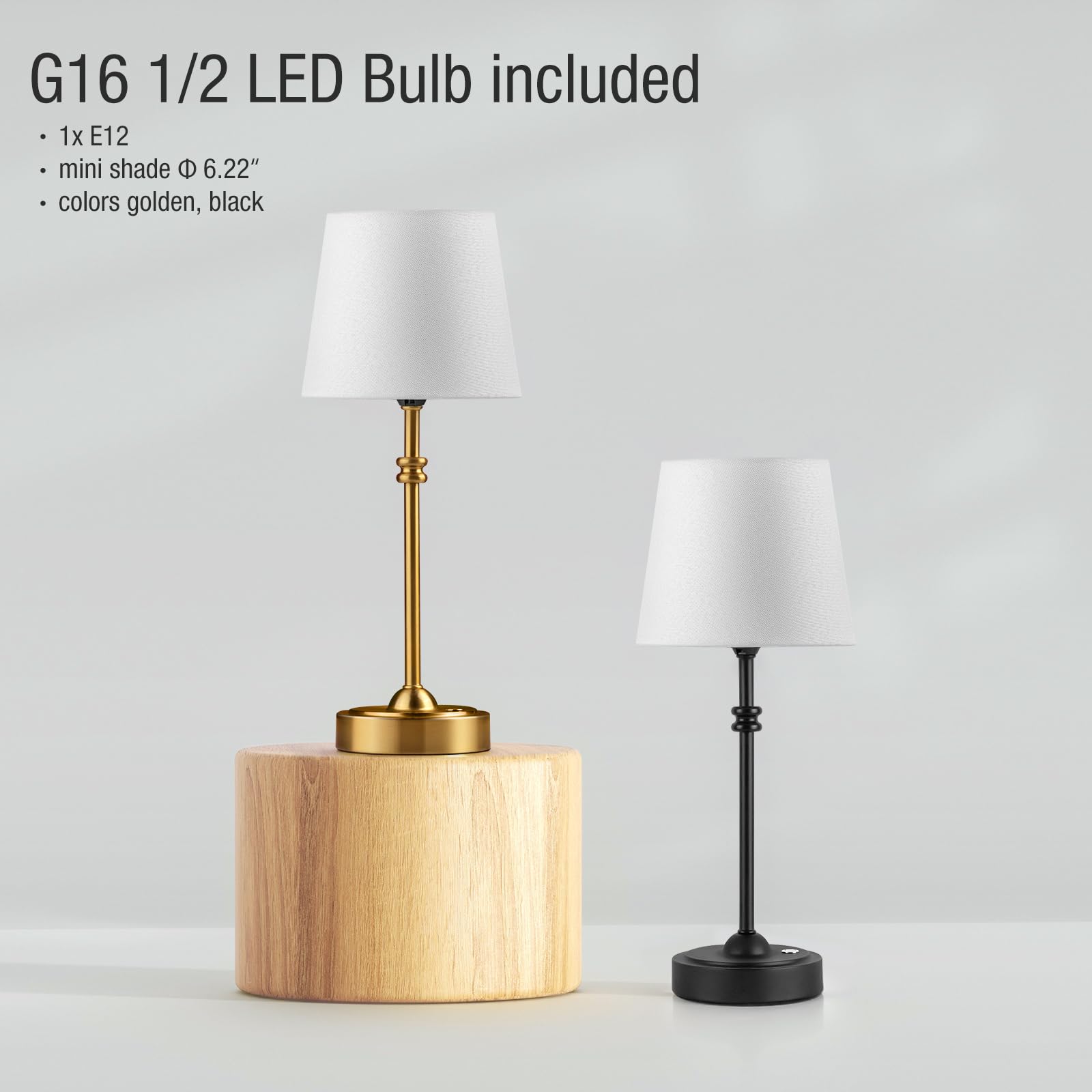 ONEWISH Cordless Table Lamps Set of 2 - Rechargeable, Stepless Dimmable, Black Fabric Shade, 4000mAh Battery, Model 13TAB125