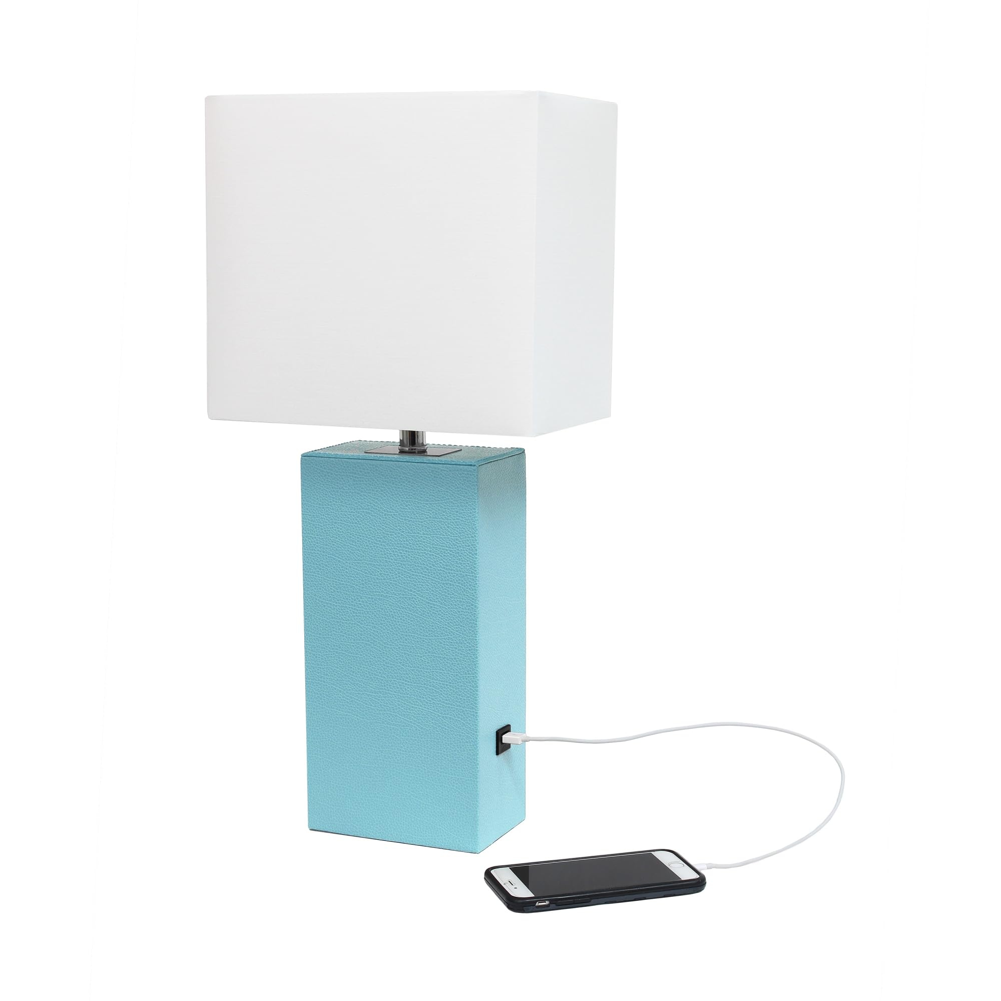Elegant Designs Lt1053-Aqu Modern Leather Usb And White Fabric Shade Table Lamp, Aqua - (Pack Of 1)
