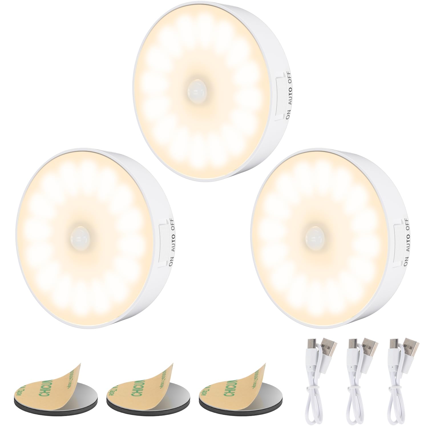 Electight 3 Pack Motion Sensor Light Indoor, Upgraded 14 LEDs Night Light USB Rechargeable, 3 Light Modes & Long Last Battery, C
