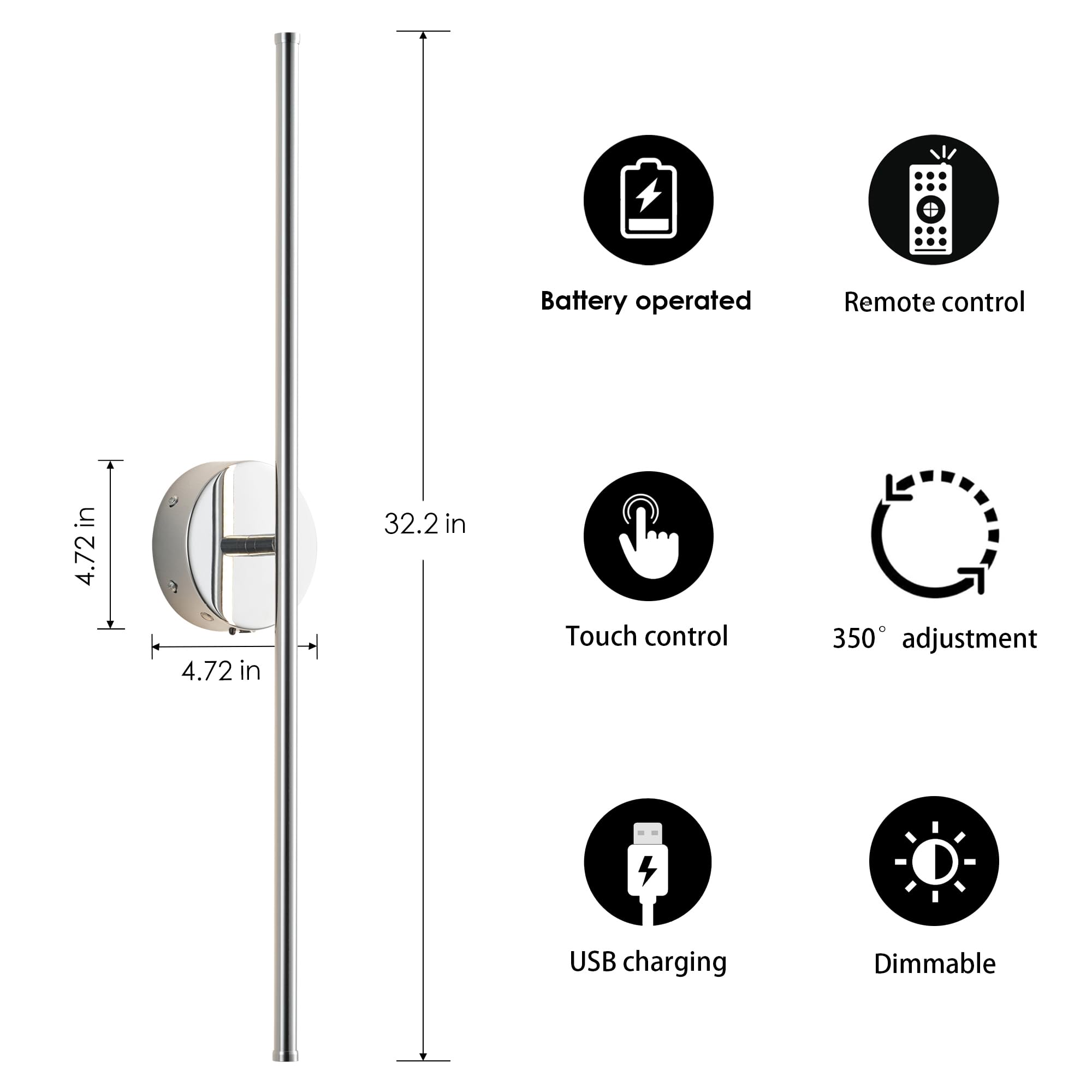 KARTOOSH Battery Operated Wall Sconces Set of Two, Dimmable, 32.2 Inch, Chrome, Model ZM317BCM80