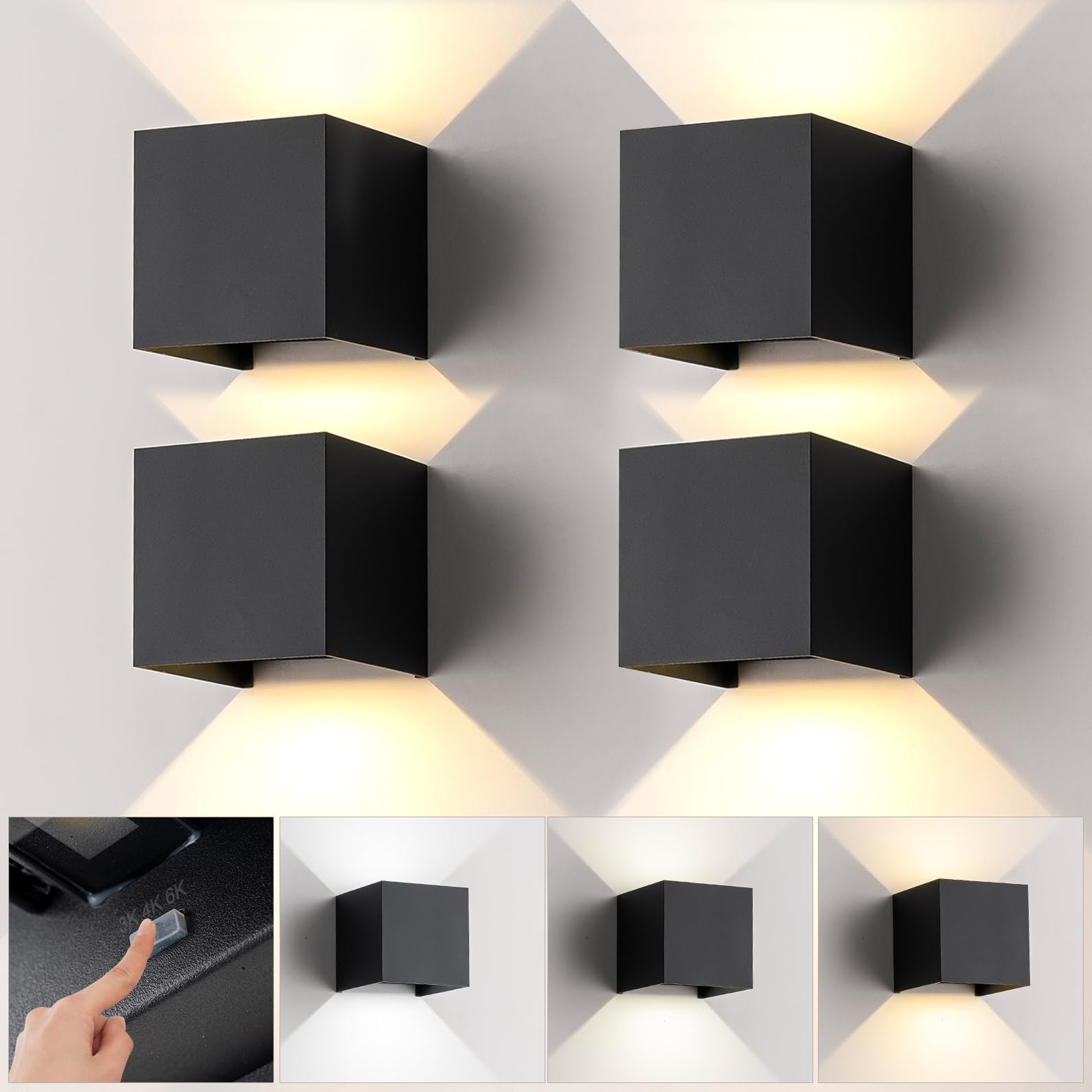 4 Pack LED Outdoor Wall Sconces Exterior/Interior Modern Black Square Aluminum Wall Light Fixture Set Variable Beam IP65 Waterproof Lights.15W 3-Color-Changeable Up and Down Outdoor Lighting Fixtures.