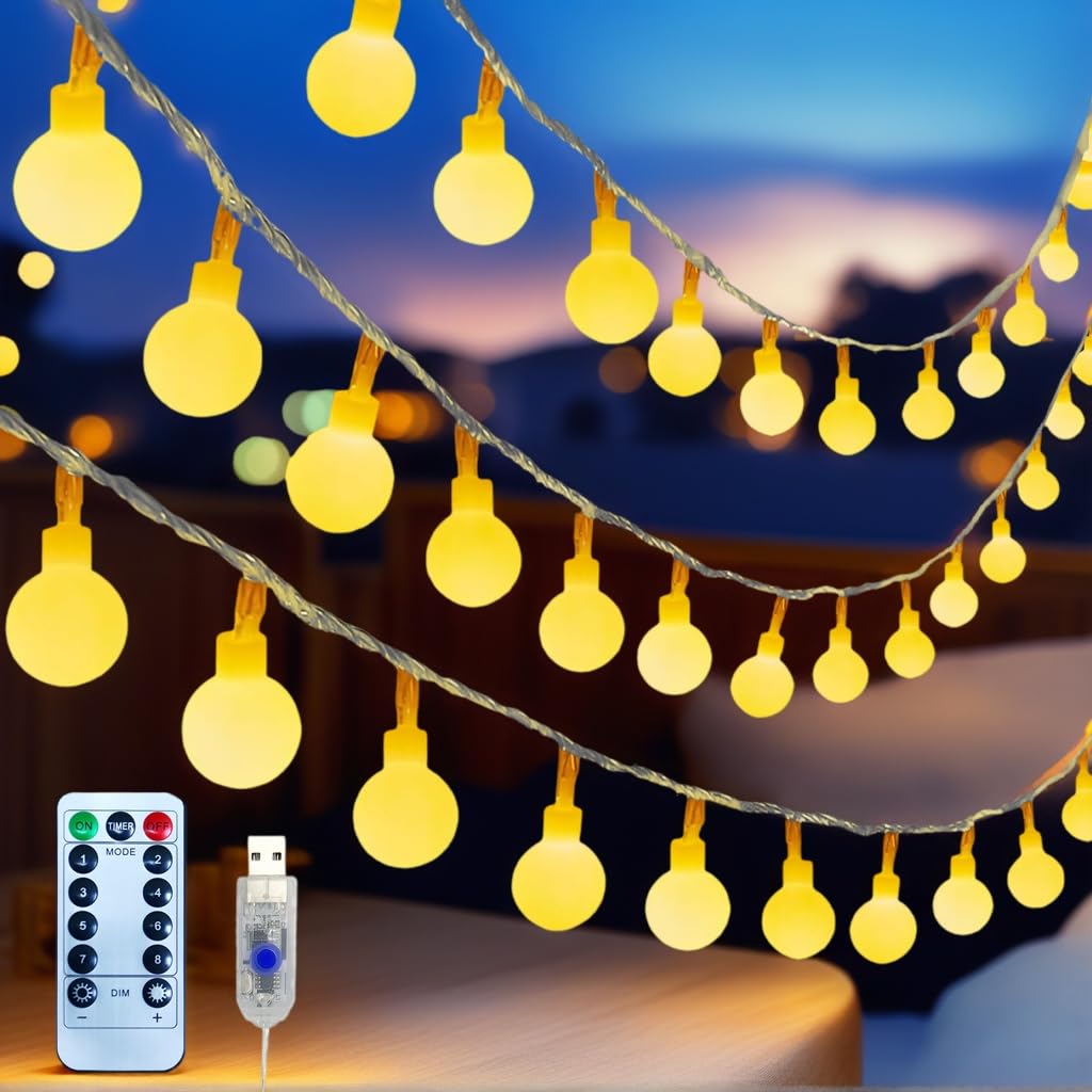 Eoako Globe String Lights 100 LED 38ft Warm White Plastic Fairy Lights with Remote Timer, Dimmable, 8 Modes for Indoor Decorations