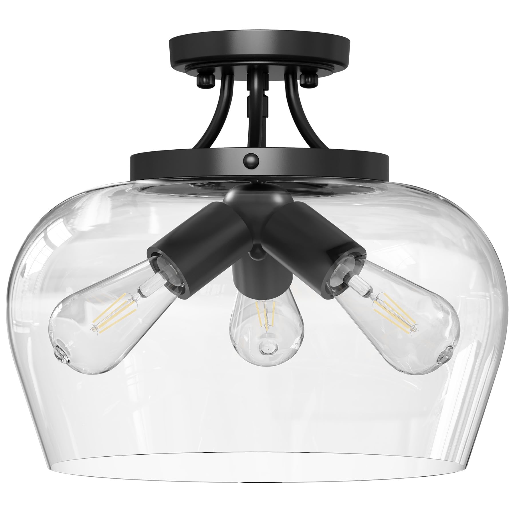 VONLUCE Semi Flush Mount Ceiling Light, 13.8in Industrial Fixture, Matte Black, 3-Bulb, Clear Glass Shade, E26 Base, Model HCF280600V