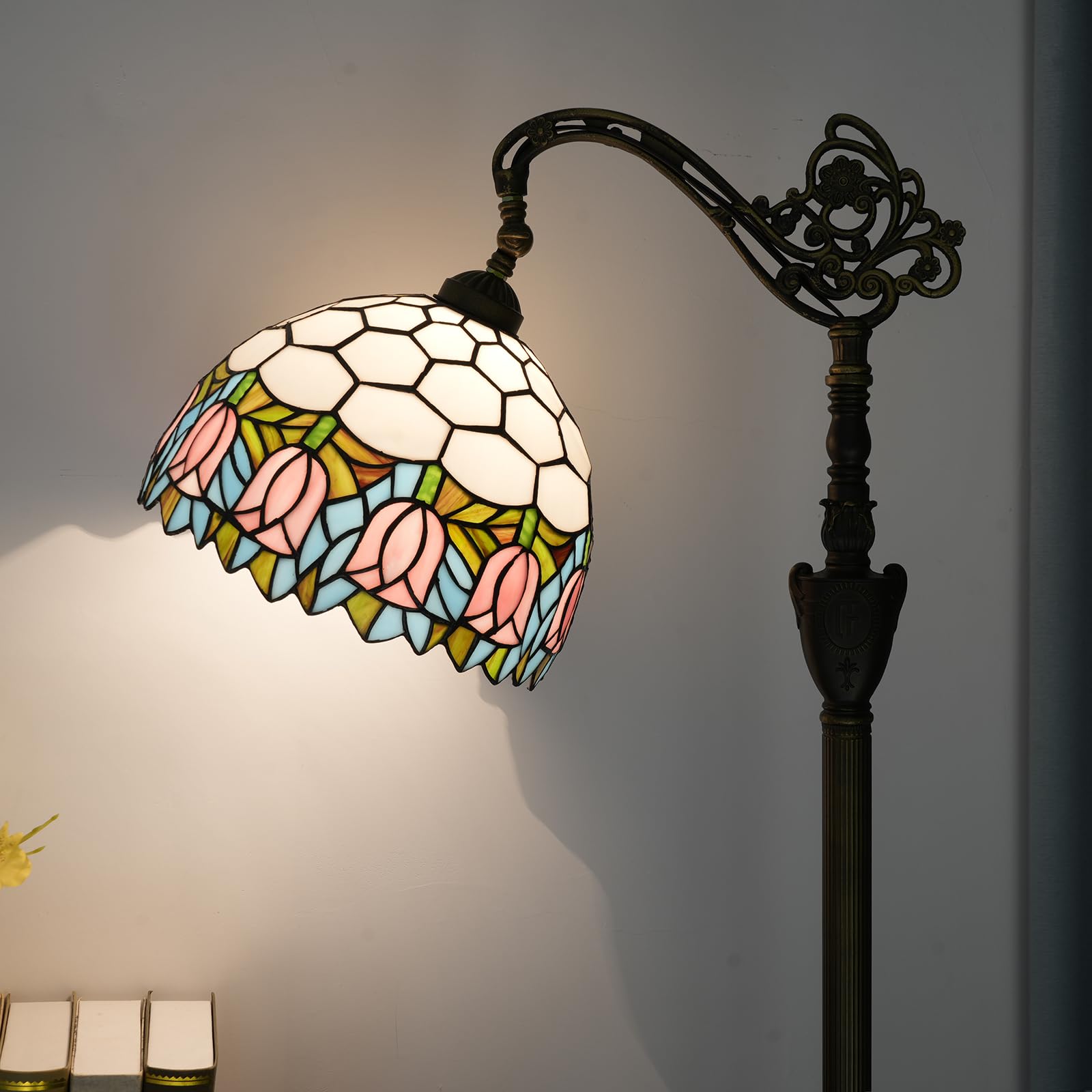Blivuself Tiffany Floor Lamp Pink Tulip Stained Glass Gooseneck Floor Light 63 Inches Handcrafted Tiffany Style Standing Lamp Wi